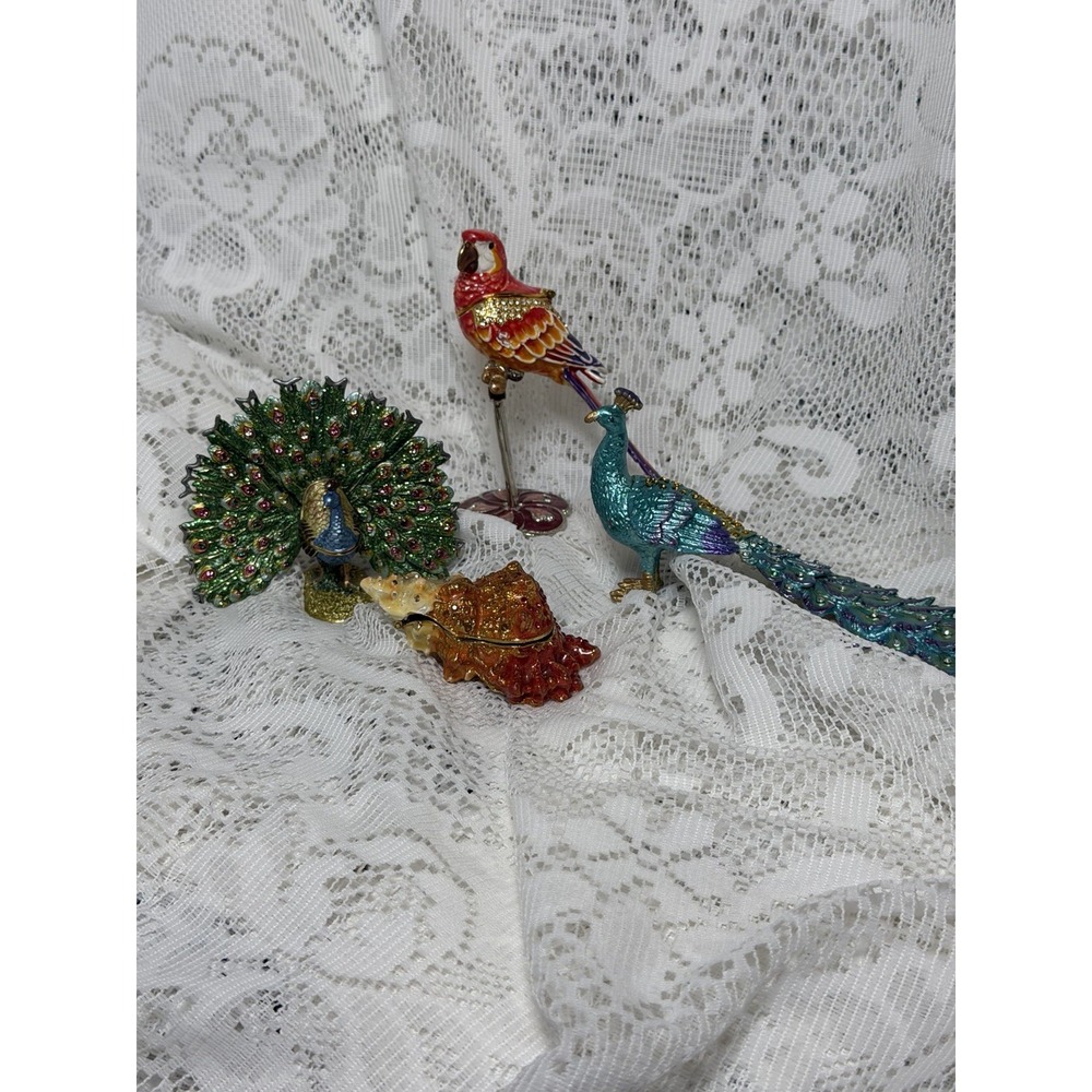 Lot of 4 Jeweled Metal Trinket Boxes Peacocks Parrot Conch Shell
